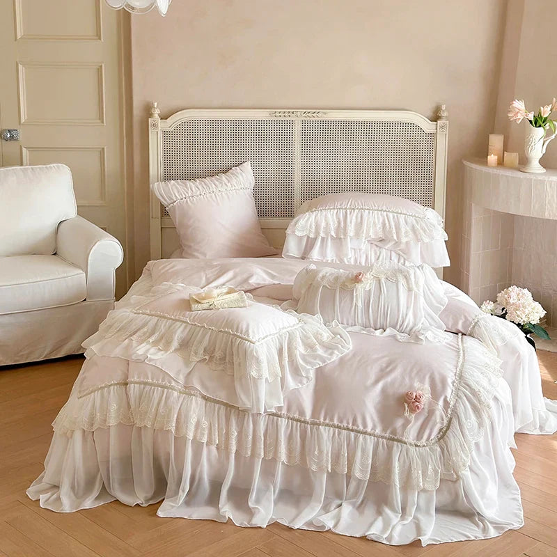Afralia™ Luxe Pink Lace Ruffles Wedding Bedding Set 4Pcs