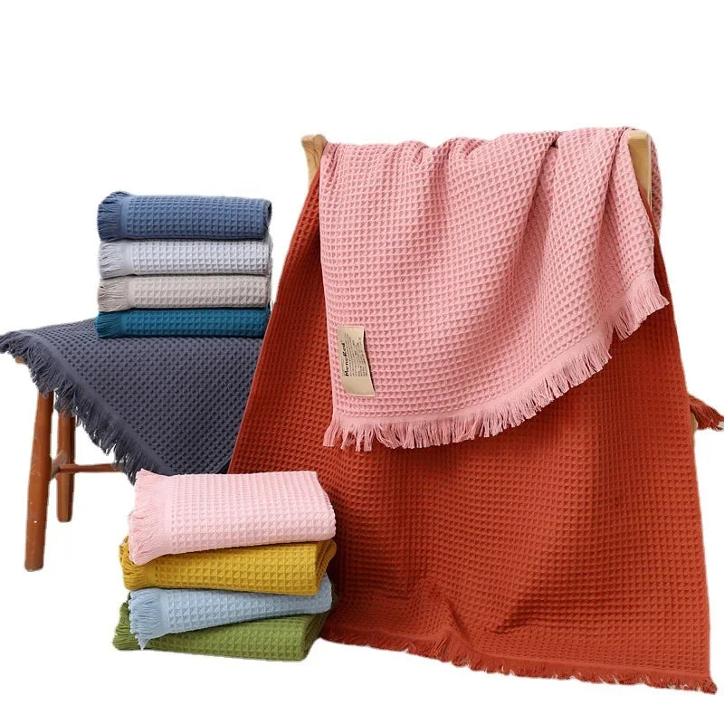 Afralia™ Geometric Tassel Bath Towel - 100% Cotton, Quick-Dry, Multi-colored Waffle Design - 90x180cm