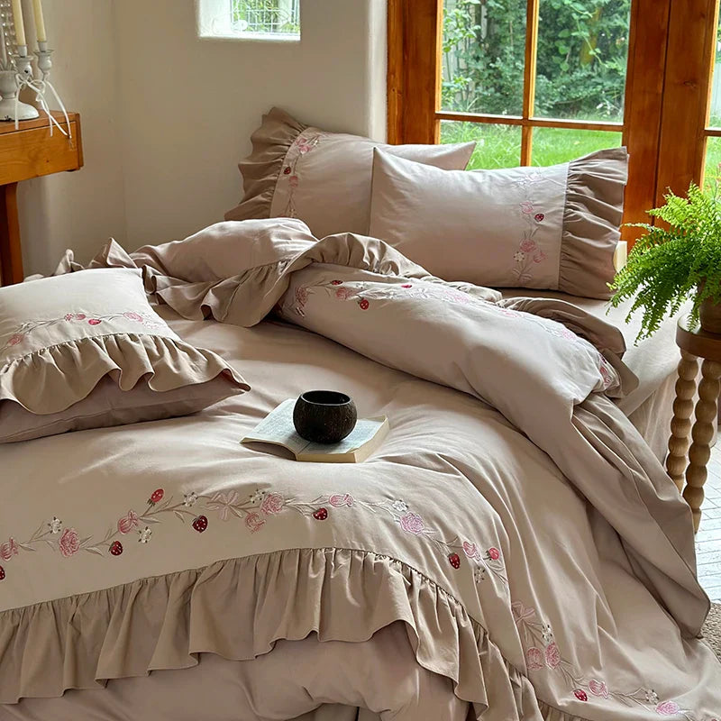 Afralia™ Korean Princess Style Embroidered Bedding Set with Pleated Ruffles in Egyptian Cotton