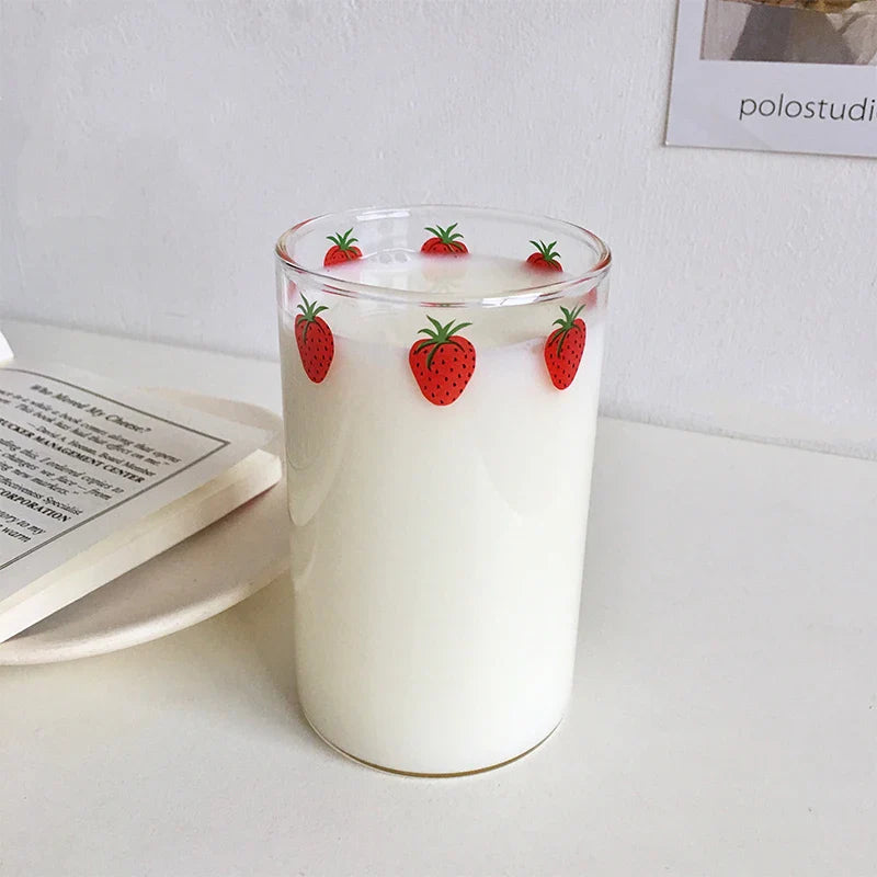 Afralia™ Strawberry Glass Cup 300ml with Straw, Heat Resistant, Transparent, Cute Design