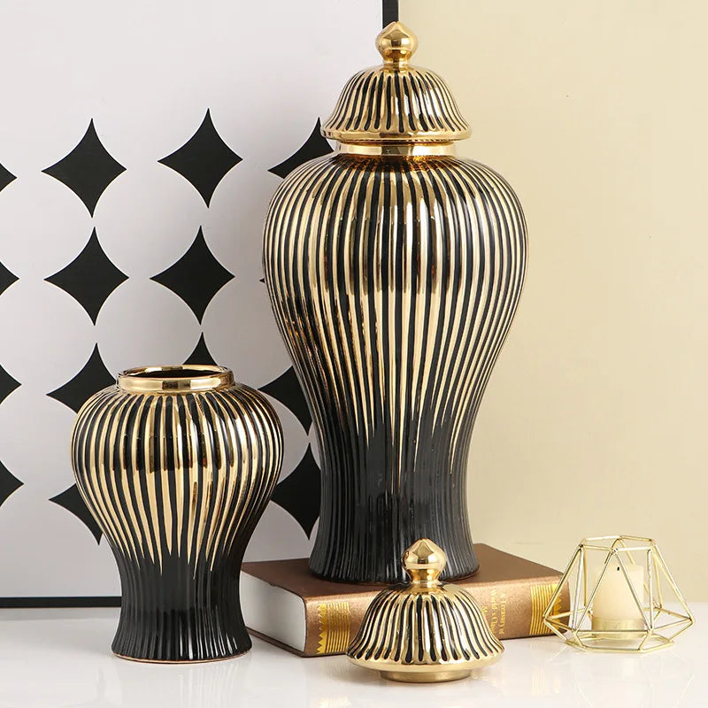 Afralia™ Black Ceramic Checkmate Ginger Jar Vase with Gold Rim