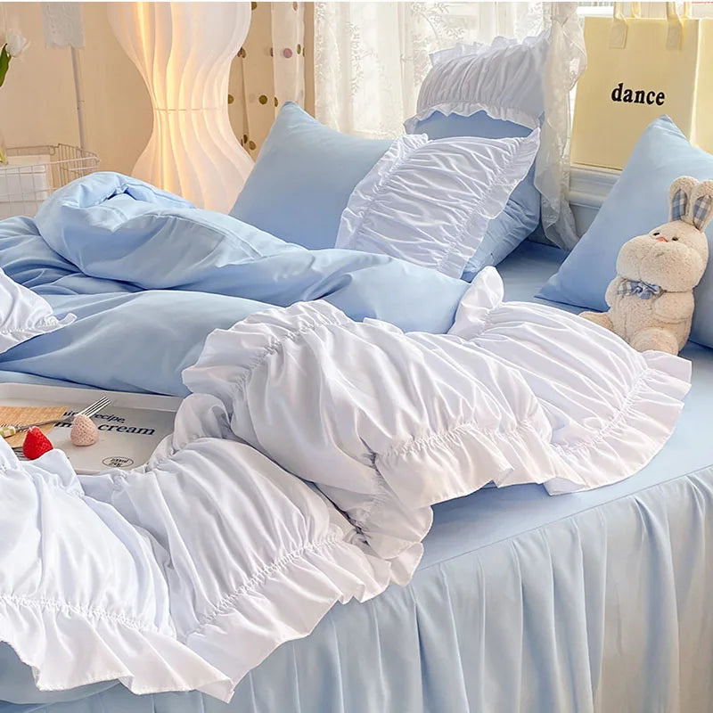 Afralia™ Lace Trim Bedding Set Queen/King Size Comforter Sets Solid Color Bed Skirt