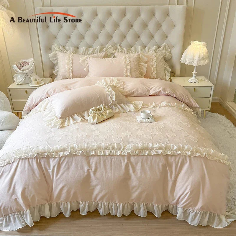 Afralia™ Princess Flowers Lace Ruffles Bedding Set: 100% Cotton Duvet Cover, Fitted Sheet, Bed Sheet, Pillowcases