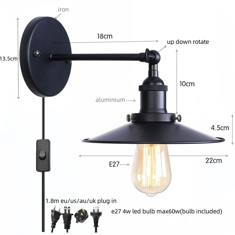 Afralia™ Vintage Plug In LED Wall Light Industrial Lamp Home Hotel Bathroom Mirror