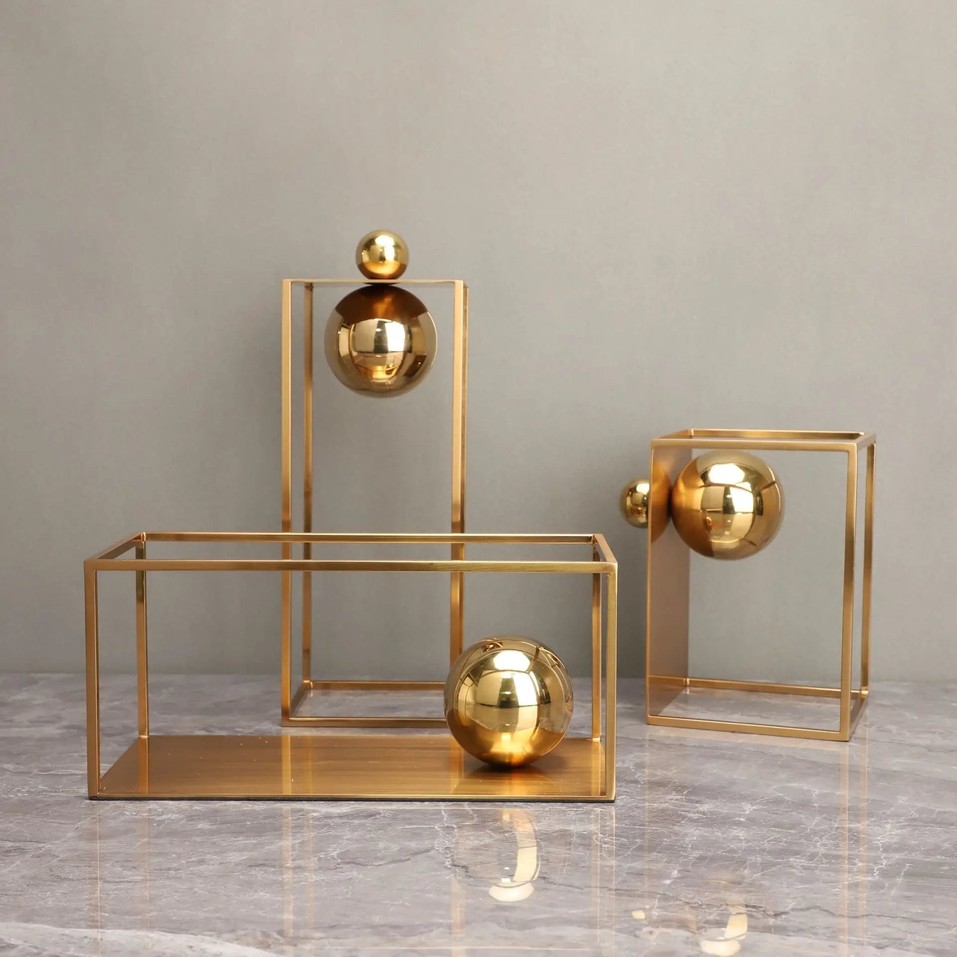 Afralia™ Geometric Gold Frame Sculpture Decorative Figurines Metal Home Decor