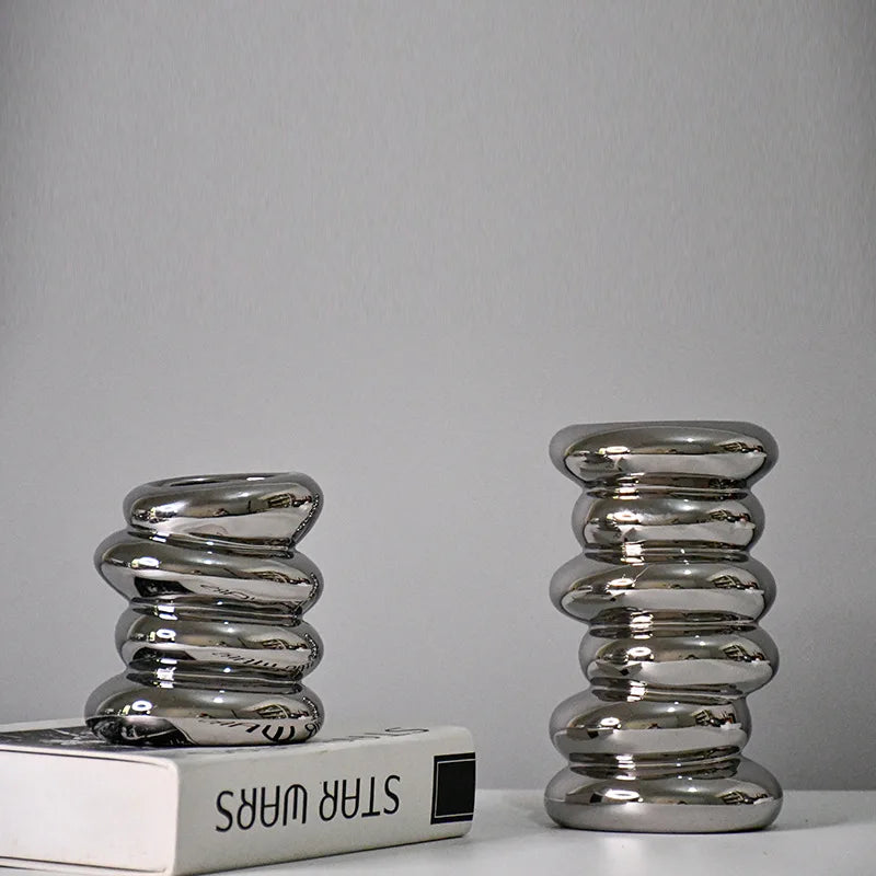 Afralia™ Silver Pebble Ceramic Geometric Vase for Floral Arrangement and Room Decoration