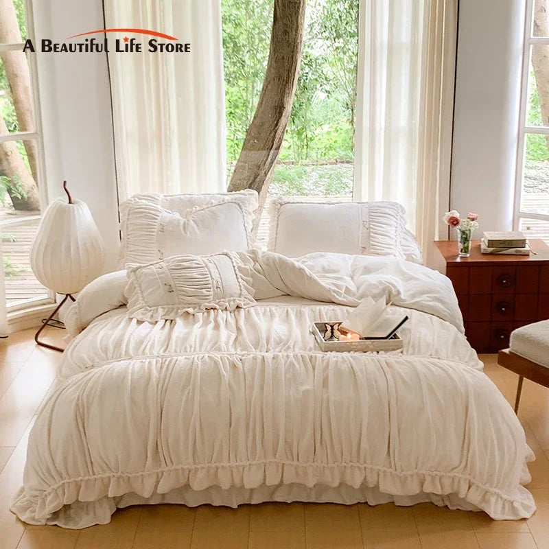 Afralia™ French Pleat Lace Ruffles Bedding Set, Velvet Fleece Duvet Cover, Embroidered Flowers