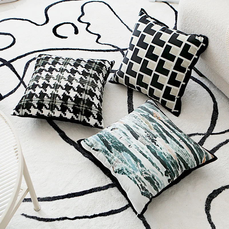 Afralia™ Nordic Black White Art Lines Houndstooth Jacquard Pillow Cover 45x45cm
