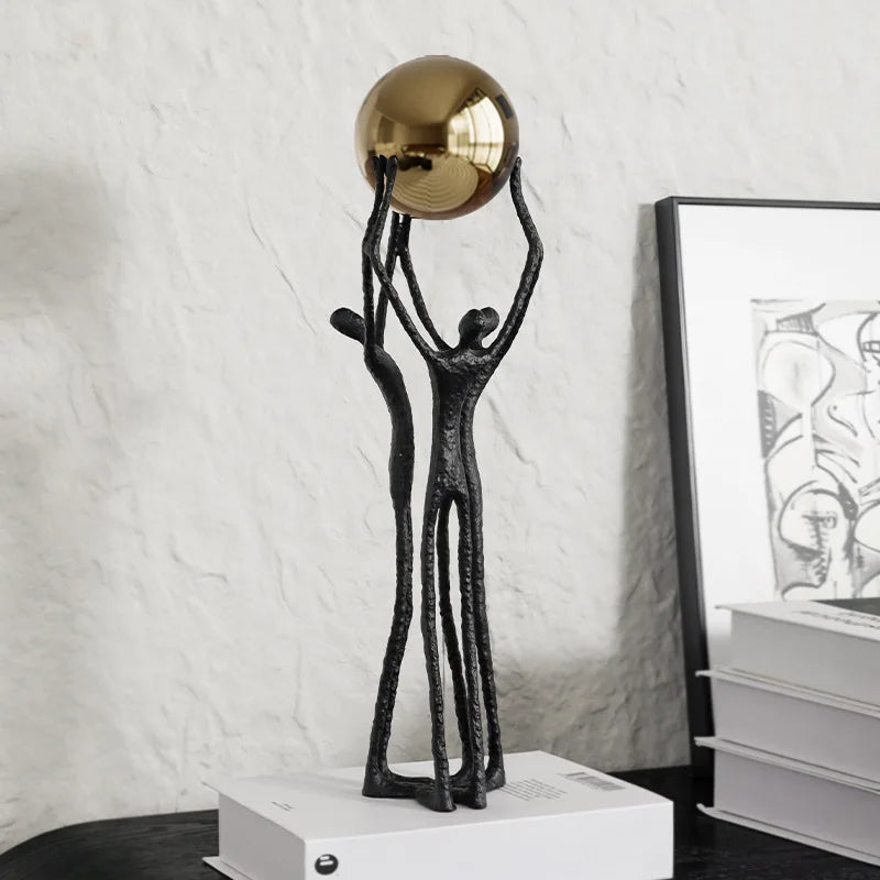 Afralia™ Human Figure Sculpture Golden Ball Holder Metal Figurine Home Decor