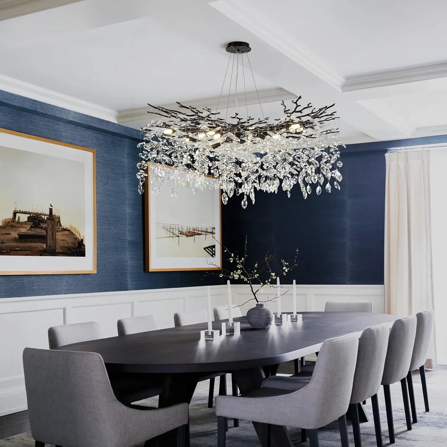 Afralia™ Black Branch Crystal Chandelier - Modern Rectangular Pendant Light for Dining Room-Living Room-Kitchen
