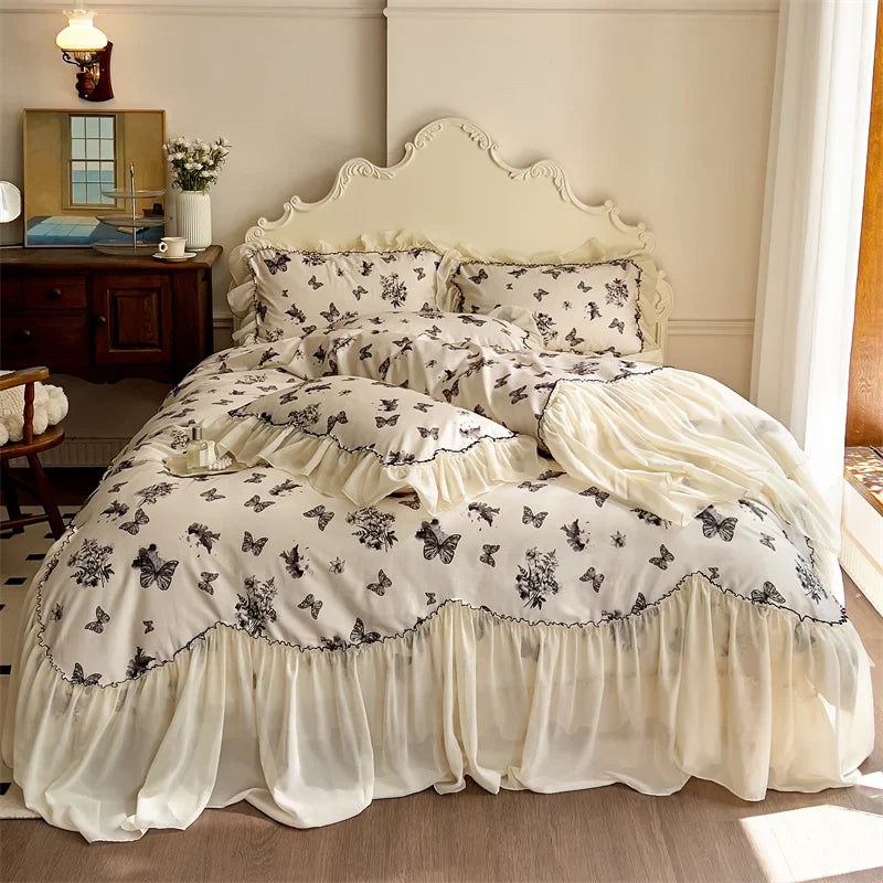 Afralia™ Beige Lace Ruffles Butterfly Flowers Print Bedding Set with Egyptian Cotton Quality