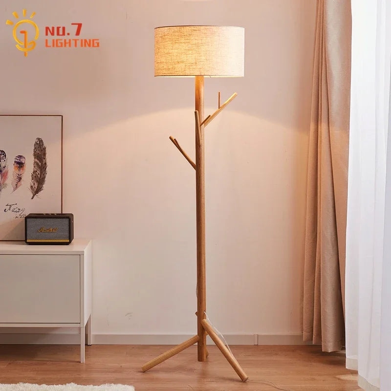 Afralia™ Wabi-sabi Solid Wood Floor Lamp Coat Rack LED E27 Vertical Table Lamp