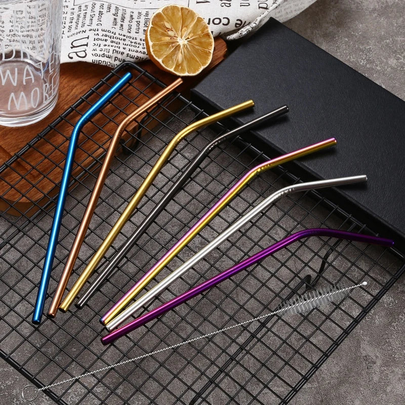 Afralia™ 304 Stainless Steel Reusable Straws Set for Drinks - Eco-Friendly Metal Curved & Straight