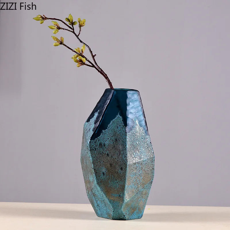 Afralia™ Modern Blue Glass Vase Geometric Texture Desk Decor Flowers Arrangement