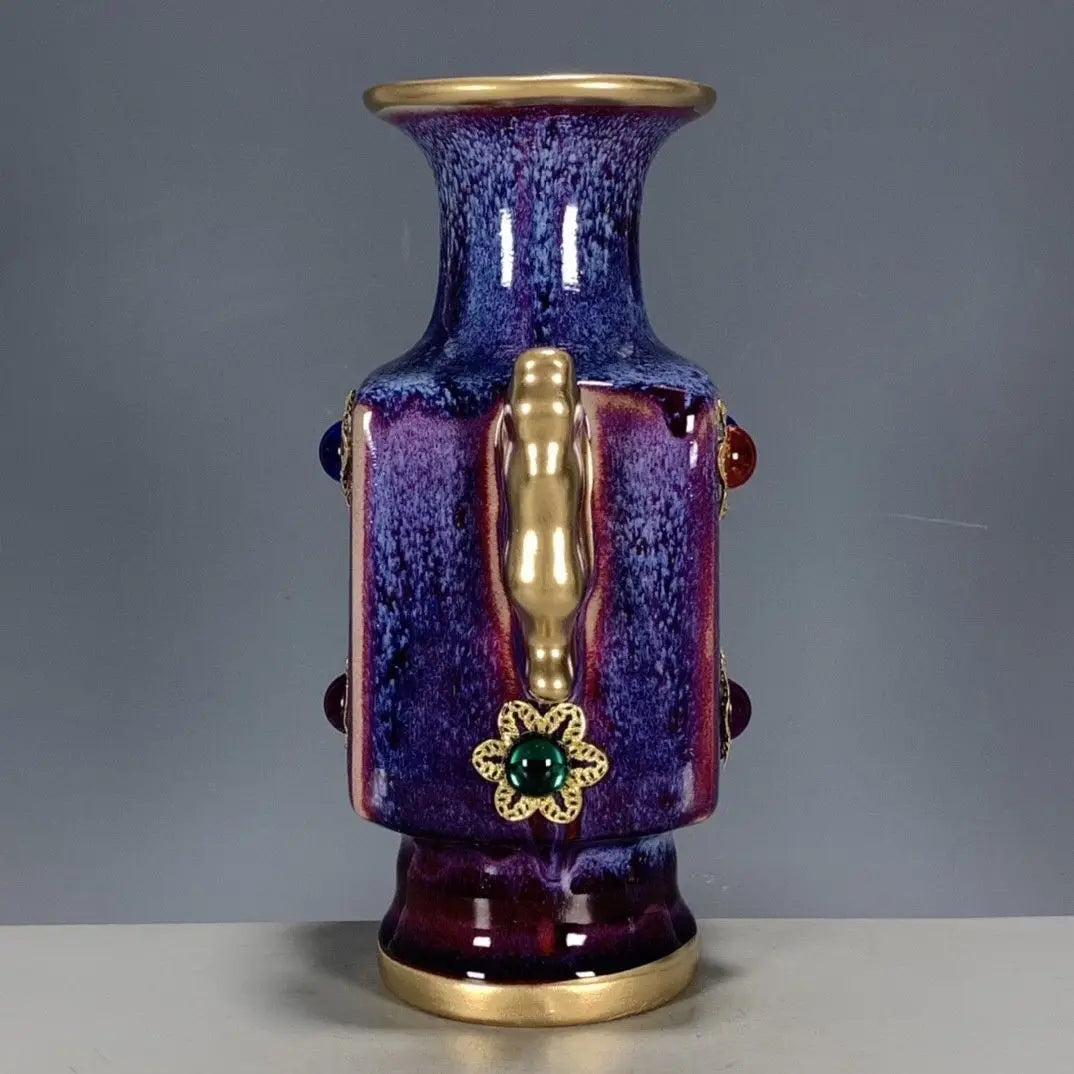 Afralia™ Jun Porcelain Gilded Gemstone Inlaid Vase - Chinese Living Room Ornaments