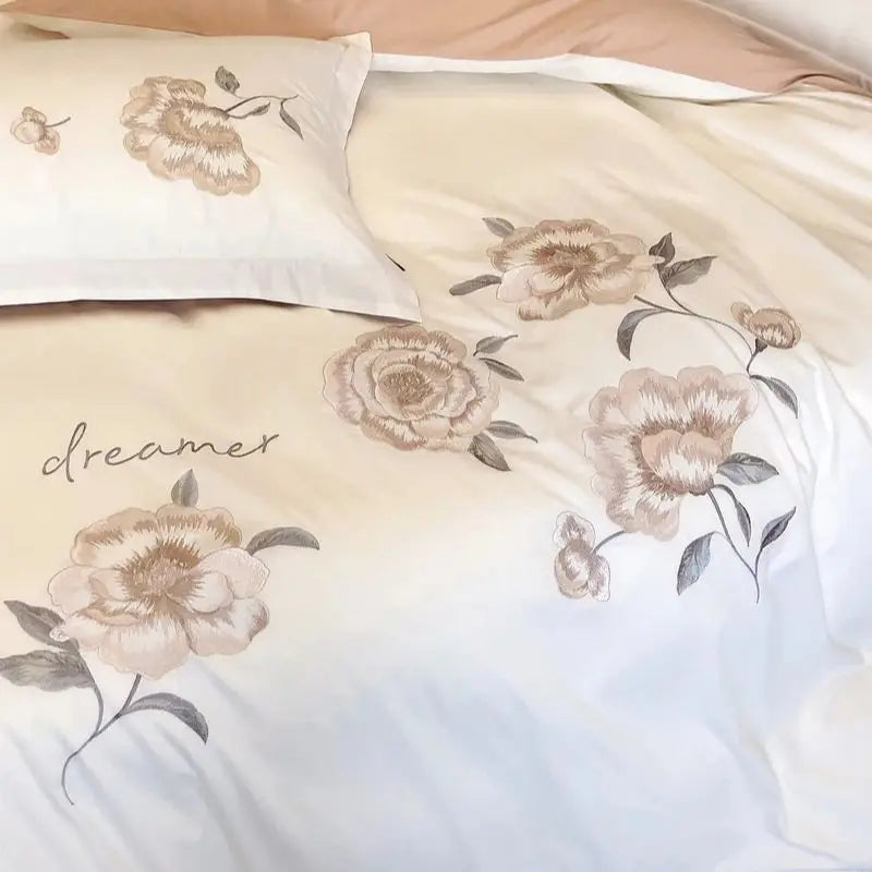 Afralia™ Flowers Embroidery Cotton Bedding Set Duvet Cover Flat Sheet Pillowcases 4Pcs