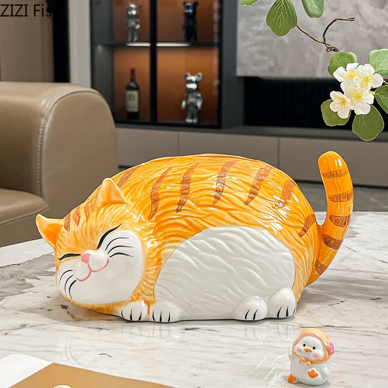 Afralia™ Cartoon Ginger Cat Ceramic Tissue Box - Creative Desk Decoration & Paper Towel Case