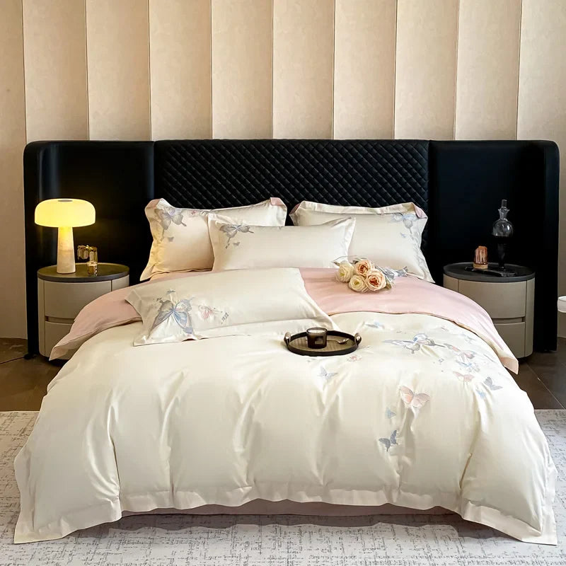 Afralia™ Butterfly Embroidery 800TC Egyptian Cotton Bedding Set - Quilt Cover, Sheet, Pillowcases