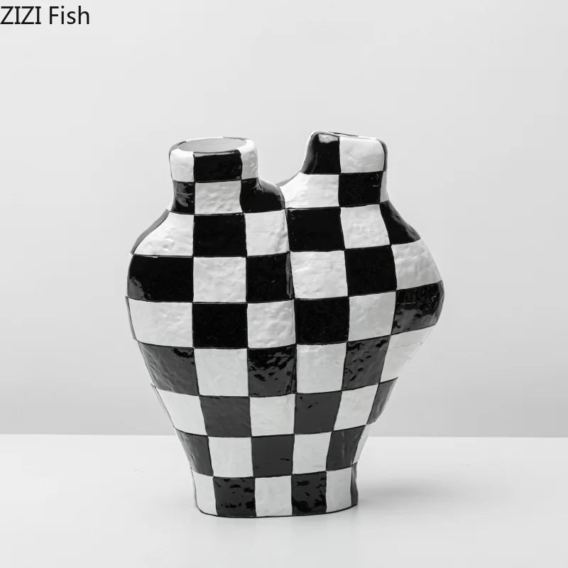 Afralia™ Black White Check Vase Modern Crafts Room Decor Irregular Shaped Desk Decoration