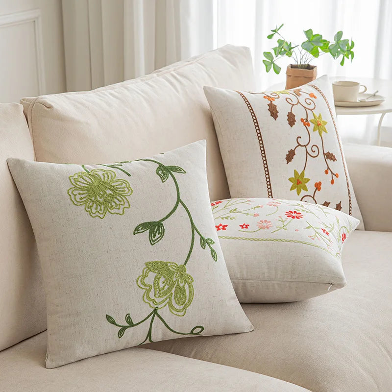 Afralia™ Vintage Floral Embroidered Cushion Cover 45x45cm Home Decor Cotton Linen Square Pillow Case