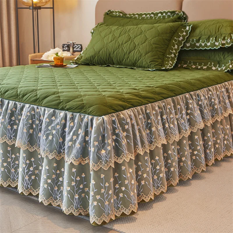 Afralia™ Cotton Lace Ruffles Quilted Bed Skirt Set with Pillowcases