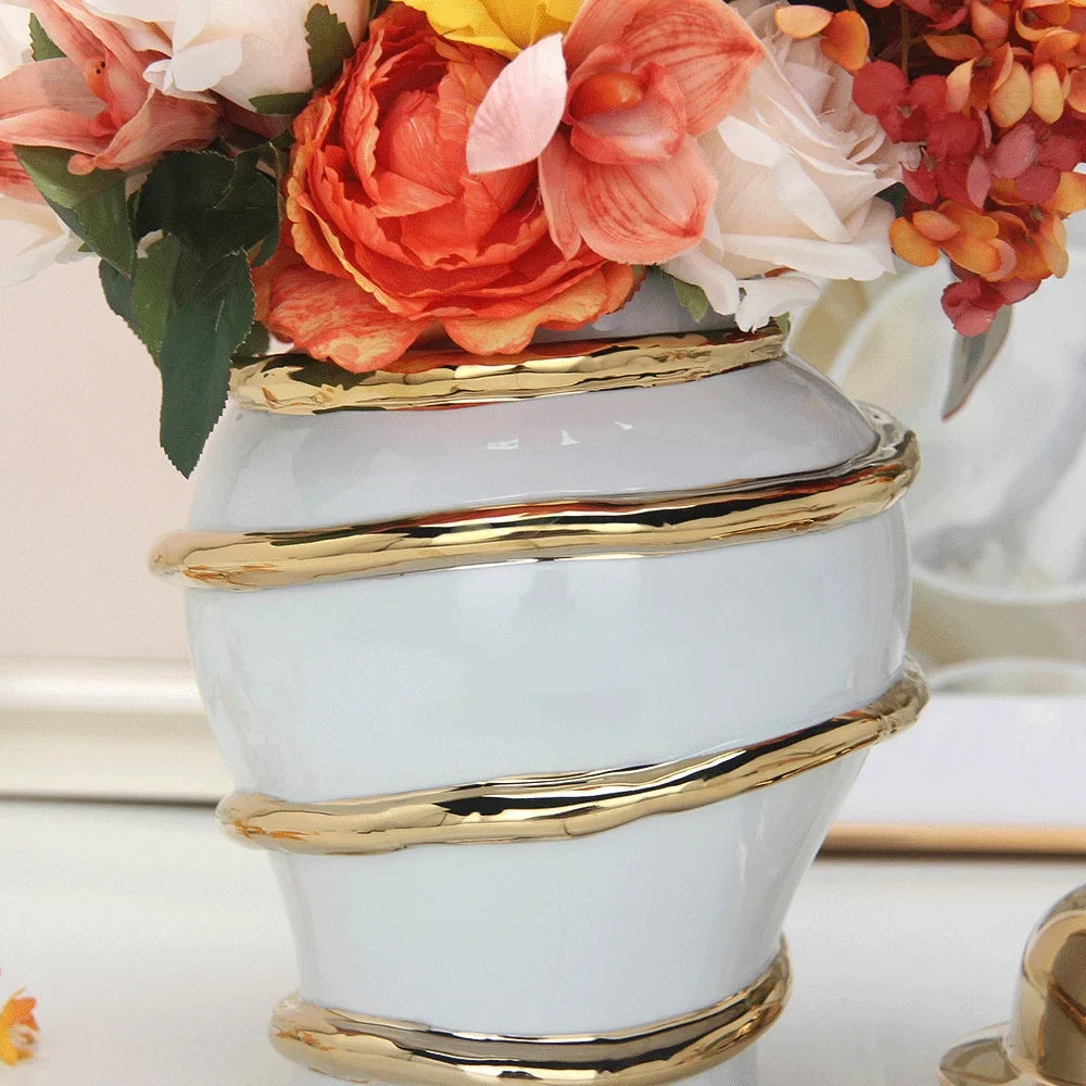 Afralia™ Ceramic Golden General's Striped Ginger Jar Flower Vase for Home Decoration