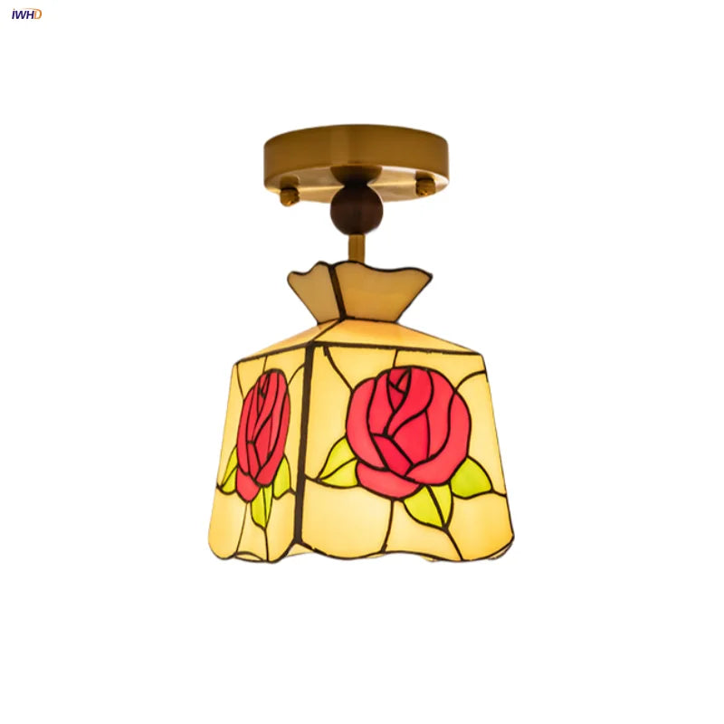 Afralia™ Tiffany Rose Flower LED Ceiling Light Fixture with Wood Ball and Glass Plafond Lamp