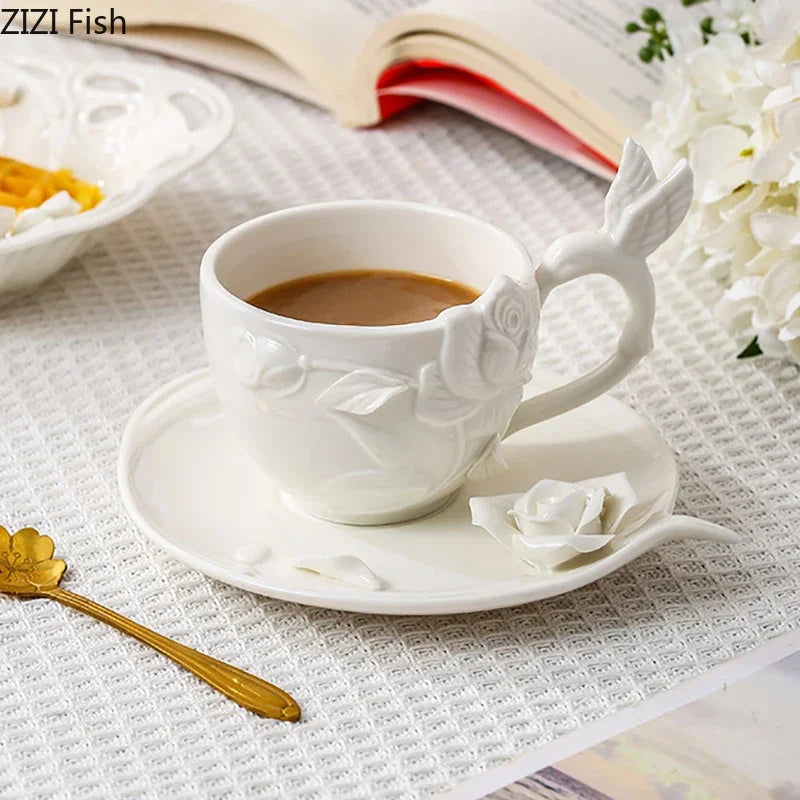 Afralia™ Rose Floral Ceramic Cup&Saucer Set for Elegant Dining and Coffee Enjoyment