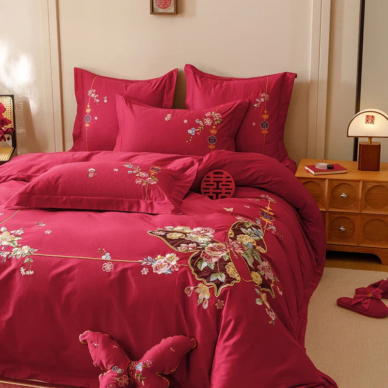 Afralia™ Chinese Butterfly Flowers Embroidery Wedding Bedding Set - 1000TC Cotton