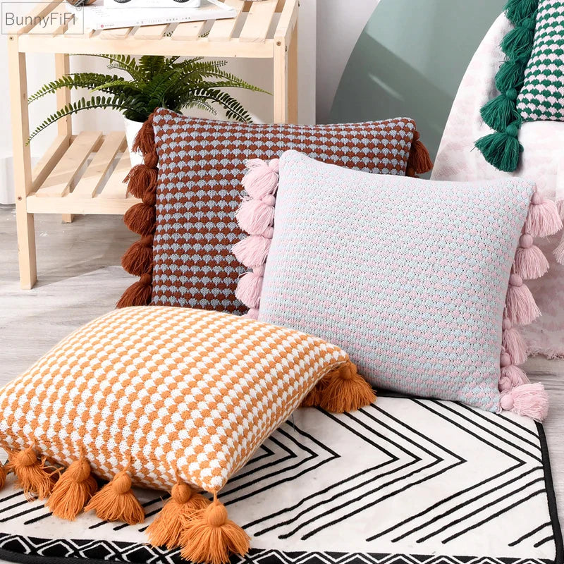 Afralia™ Yellow Pink Plait Brown Knit Tassel Cushion Cover 45x45cm