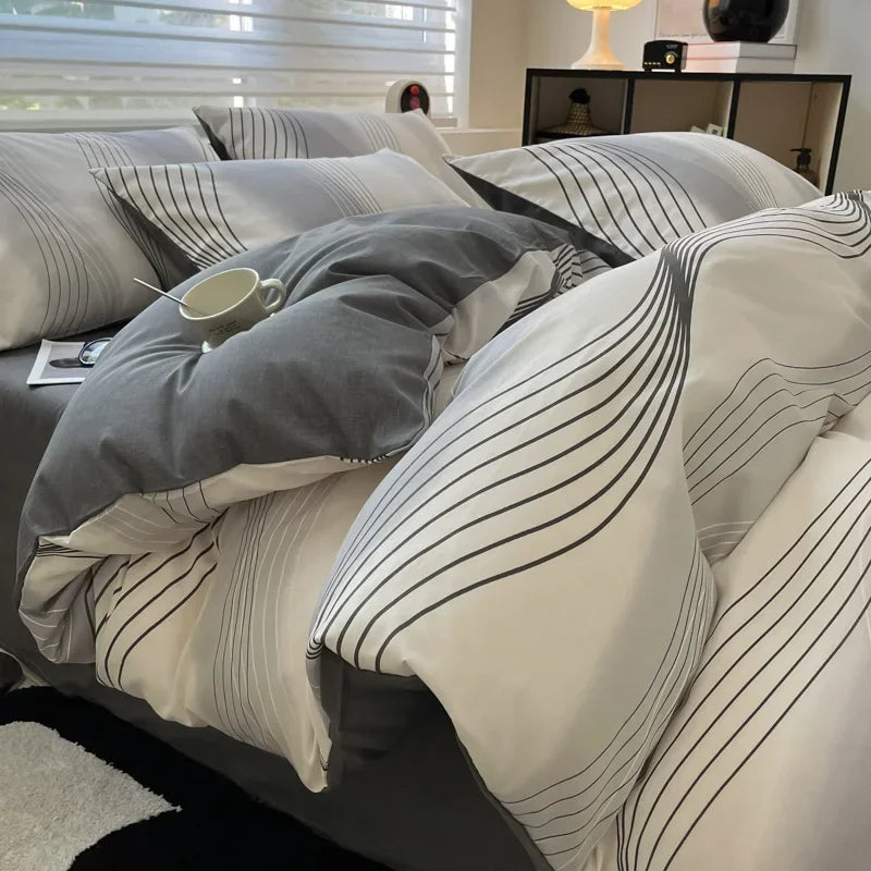 Afralia™ Luxury Striped Cotton Bedding Set for Double Bed