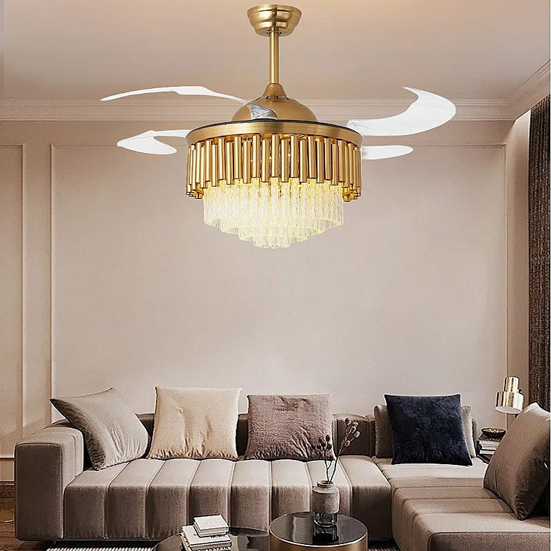Modern Crystal Ceiling Fan with LED Chandelier & Remote Control, Retractable Blades by Afralia™