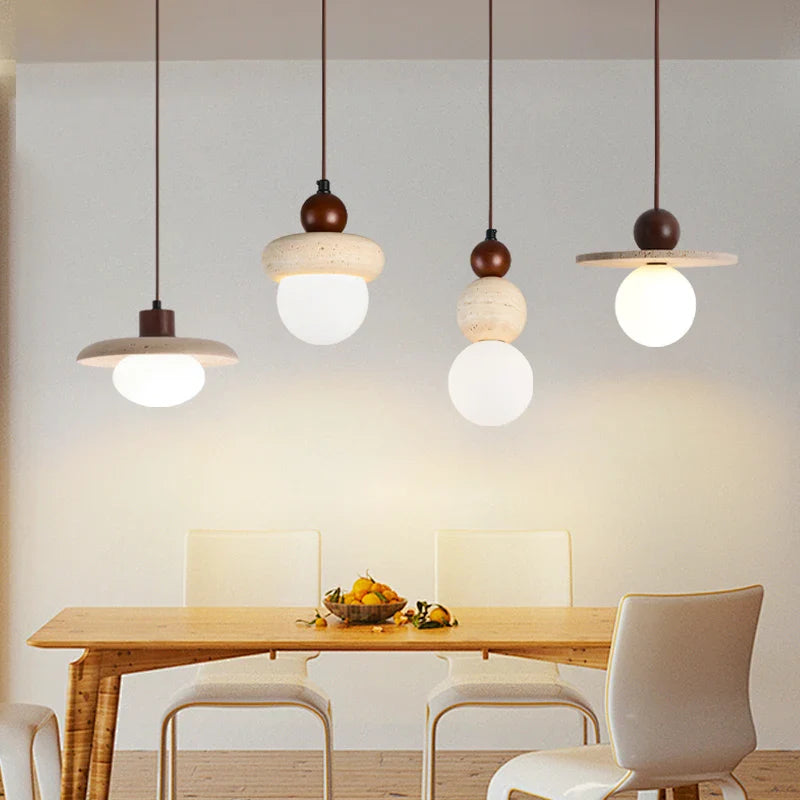 Afralia™ LED Pendant Lamp with Wood Canopy & White Glass Chandelier - Yellow Travertine Kitchen Bedroom Lighting