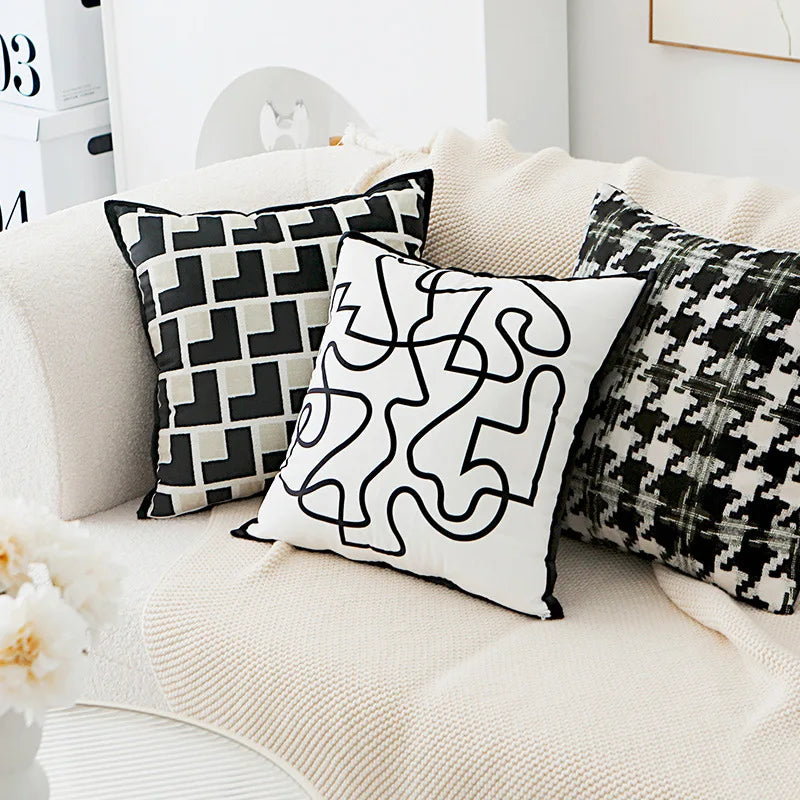 Afralia™ Nordic Black White Art Lines Houndstooth Jacquard Pillow Cover 45x45cm