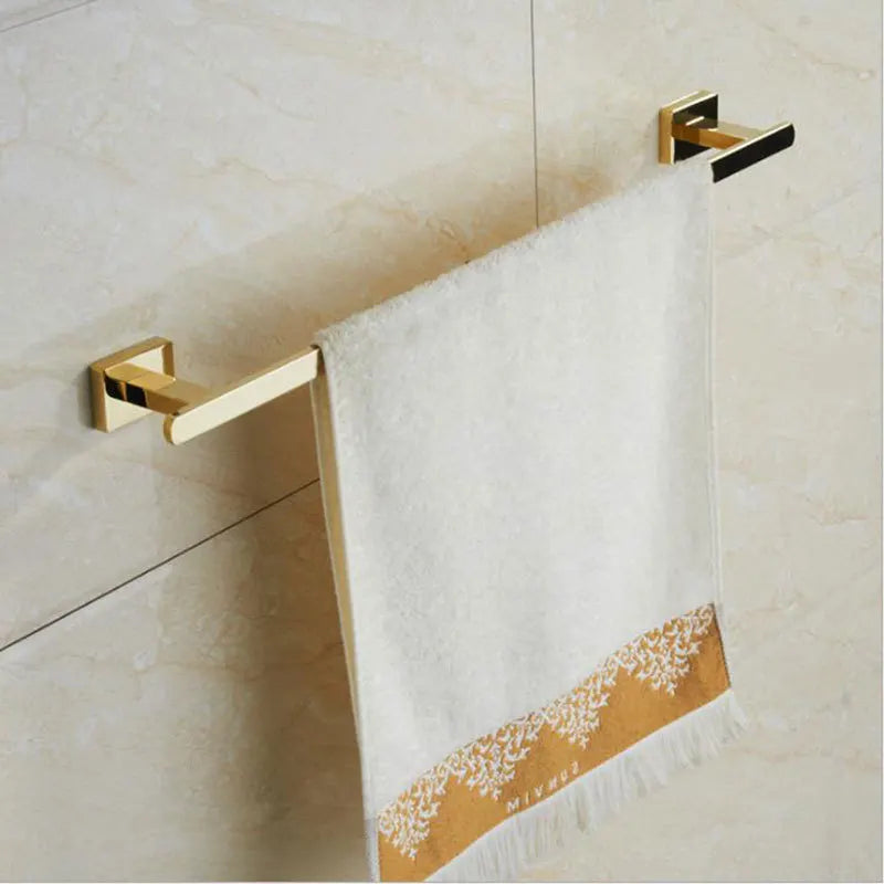Afralia™ Gold Brass Bathroom Hardware 4-Piece Set: Towel Bar, Towel Ring, Toilet Paper Holder, Robe Hook