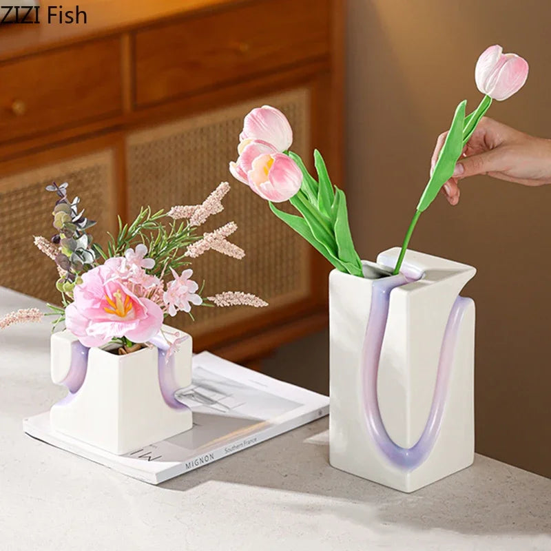 Afralia™ Geometric Blocks Vase: Gradient Color Desk Decoration with Artificial Flowers