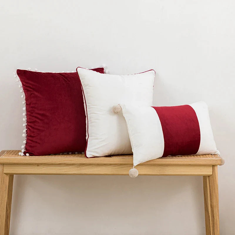 Afralia™ Velvet Christmas Cushion Cover with Red Bow Hairball for Festive Home Decor