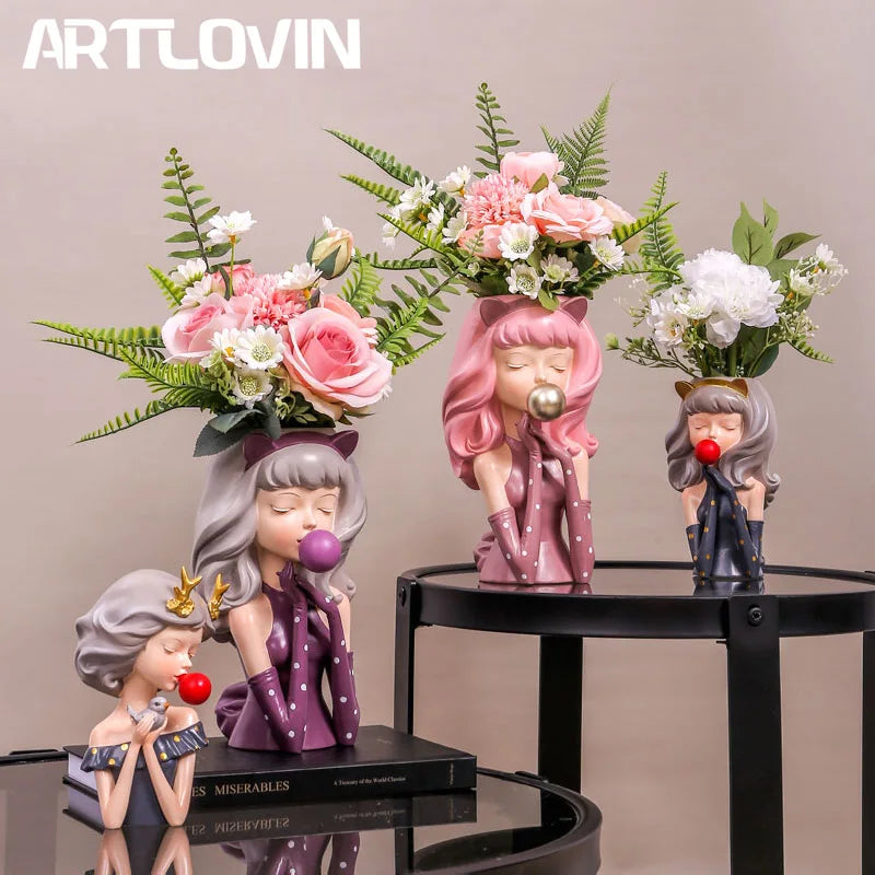 Afralia™ Bubble Gum Girl Flower Vase - Stylish Resin Plant Pot for Home Decor