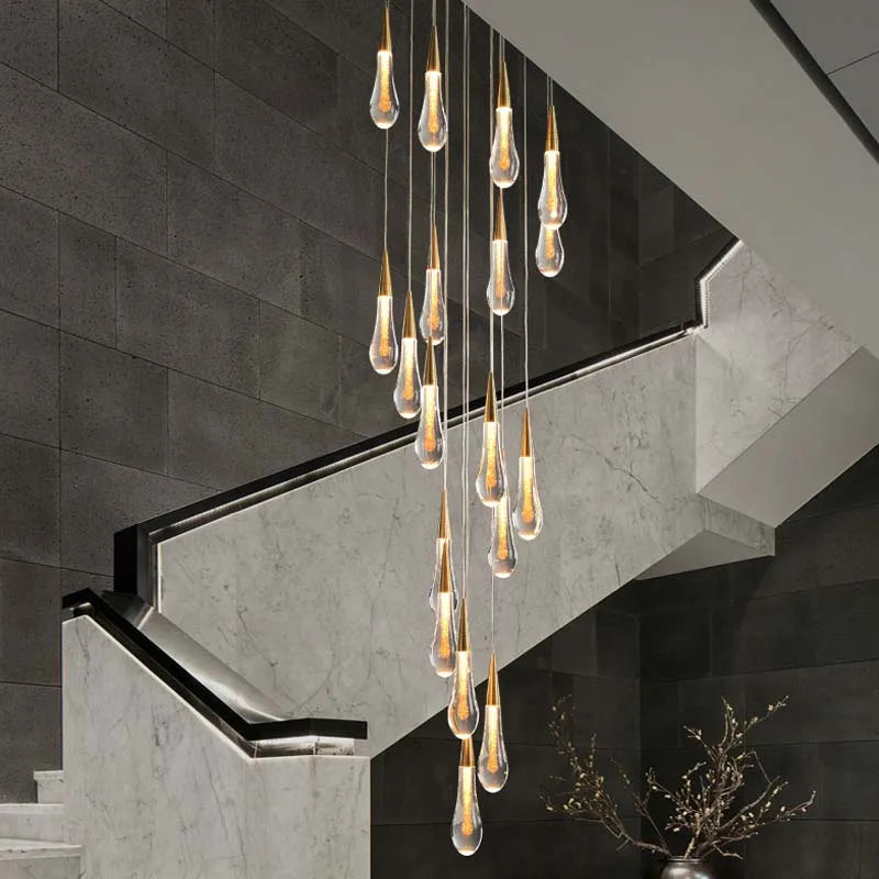 Afralia™ Crystal Tear Drop Chandelier for Staircase, LED Pendant Light in Gold - Indoor Decor