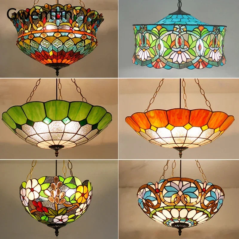 Afralia™ Mediterranean Tiffany Stained Glass Pendant Light Vintage Hanging Lamp Art Decor