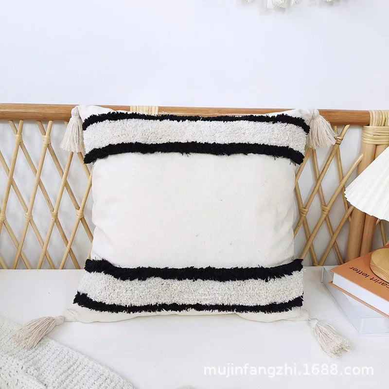 Afralia™ Tufted Fringe Cushion Cover - Boho Beige & Black Decorative Pillow Case