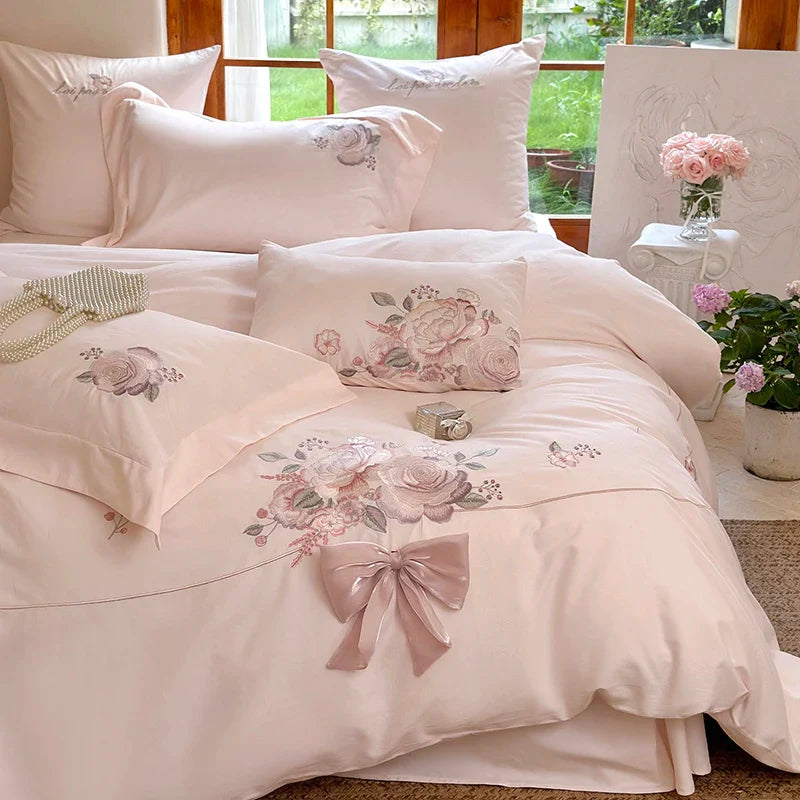 Afralia™ Flowers Embroidery Bow Wedding Bedding Set - Single Queen King Size Cotton Duvet Cover Bed Sheet Pillowcases