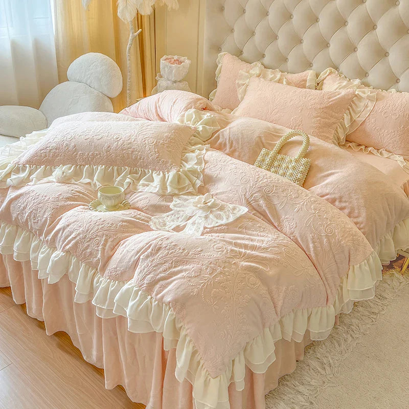 Afralia™ Pink Velvet Princess Bedding Set with Lace Ruffles and Bow Accents