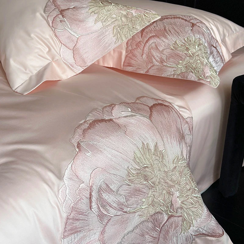 Afralia™ Luxury Pink Blue Champagne Flowers Embroidery Bedding Set 1000TC Egyptian Cotton