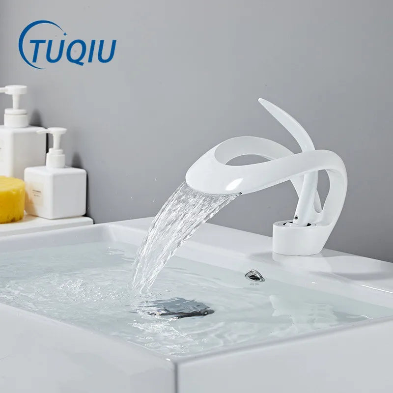 Afralia™ White & Black Brass Bathroom Faucet: Creative Grey Sink Mixer Tap, Waterfall Basin