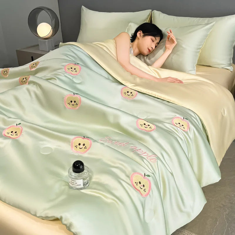 Afralia™ Washed Silk Embroidered Quilt Set Queen, Cooling Summer Blanket