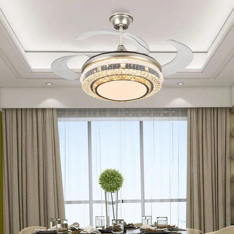 Afralia™ Gold Crystal Retractable Blades Modern LED Ceiling Fan 42" Smart Lightning