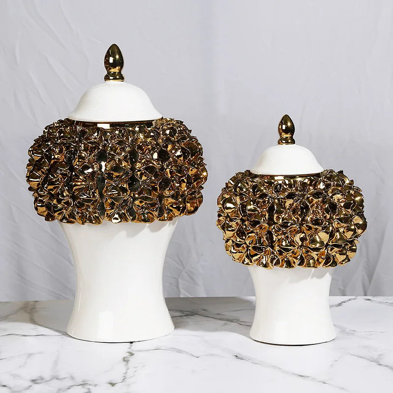 Afralia™ Golden Flower Ginger Jar Relief Flower Vase Home Decor