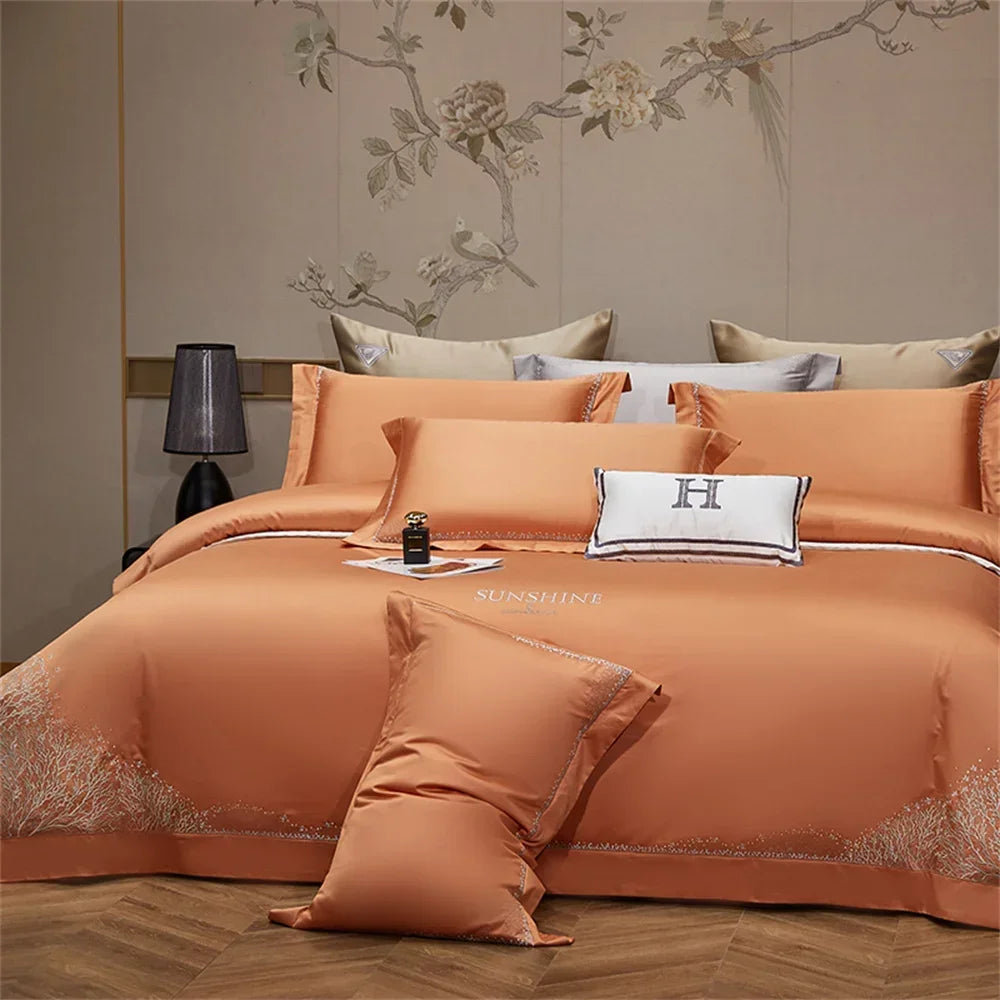 Afralia™ Jacquard Embroidery Egyptian Cotton Satin Bedding Set with Elastic Sheet