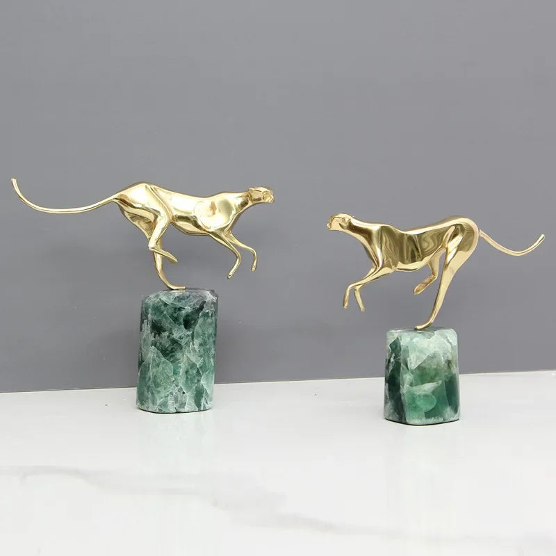 Afralia™ Golden Leopard Brass Cheetah Green Marble Figurine Metal Decor Accessory